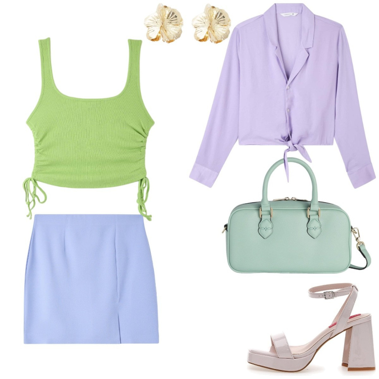 Outfit donna - Pastello a volontà. per Serata fuori. Abbinamento con camicie, top, minigonne, orecchini, sandali col tacco, borse a mano.