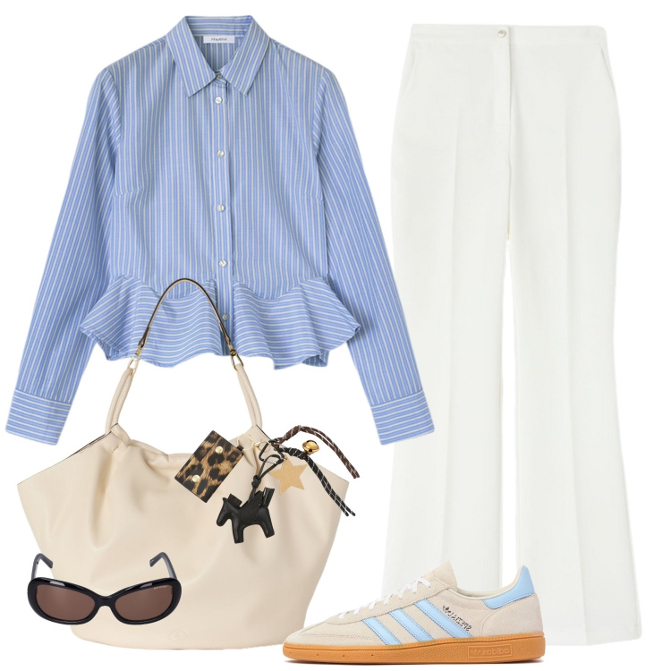 Outfit donna - camicetta a righe. Stile Casual per Tutti i giorni. Abbinamento con portachiavi, camicie, occhiali da sole, sneakers, borse a secchiello, pantaloni a palazzo.