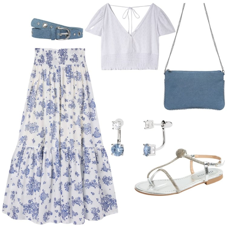 Outfit donna - Giorni spensierati. Stile Casual per Tutti i giorni. Abbinamento con borse a tracolla, bluse, cinture, gonne lunghe, ciabatte, orecchini.