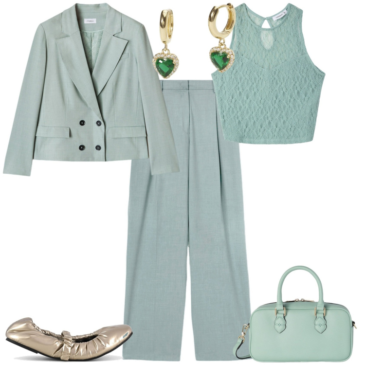 Outfit donna - Cerimonia evento serata. Stile Chic per Cerimonia. Abbinamento con orecchini, top, ballerine, pantaloni a palazzo, blazer, borse a mano.