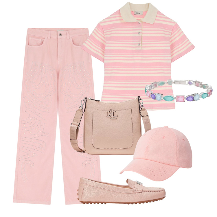 Outfit donna - Confetto e blush - @marystyle. Stile Casual chic per Tutti i giorni. Abbinamento con braccialetti, pantaloni, polo, mocassini, borse a tracolla, cappelli.