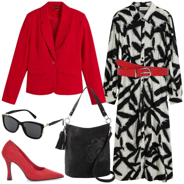 Outfit donna - Ufficio. Stile Chic per Ufficio. Abbinamento con occhiali da sole, borse a mano, blazer, vestiti midi/longuette, cinture, décolleté.