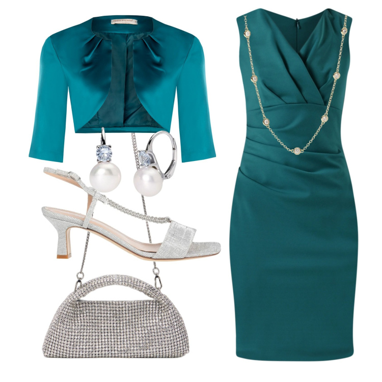 Outfit donna - Abito ottanio. Stile Chic per Cerimonia. Abbinamento con sandali in pelle, orecchini, collane, vestiti a tubino, bolero, clutch.