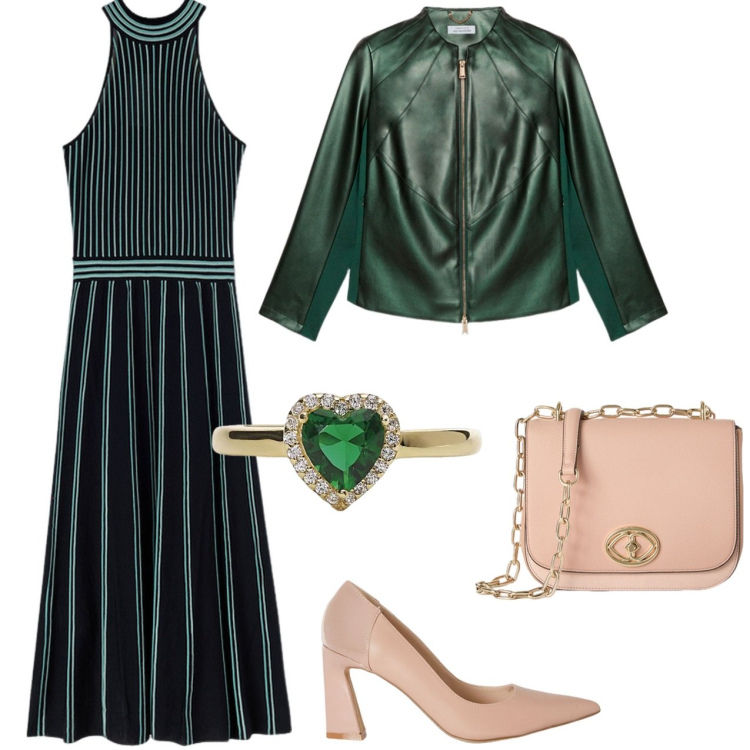 Outfit donna - Verde e rosa. Stile Chic per Cerimonia. Abbinamento con anelli, blazer, vestiti midi/longuette, borse a tracolla, décolleté.