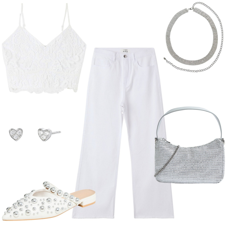 Outfit donna - Silver & white. Stile Urban per Serata fuori. look ideale per Petite. Abbinamento con ballerine, cinture, top, pantaloni, borse a tracolla, orecchini.