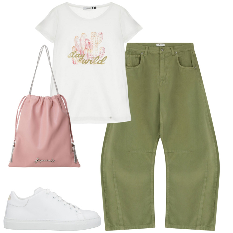Outfit donna - La t-shirt grafica di tendenza. Stile Casual chic per Tutti i giorni. Abbinamento con sneakers, t-shirt, borse a secchiello, pantaloni.