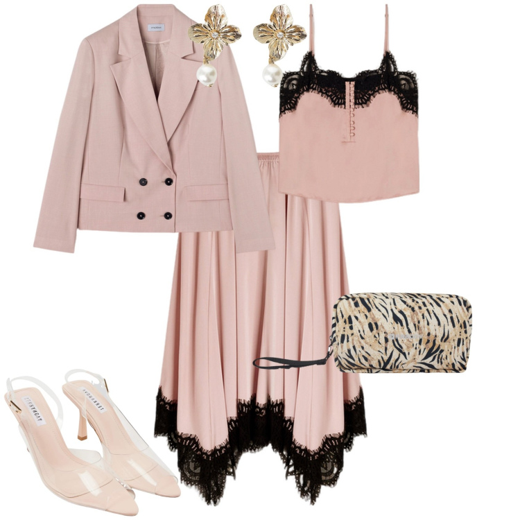 Outfit donna - Cerimonia evento serata speciale. Stile Romantica per Cerimonia. Abbinamento con sandali col tacco, valigie, orecchini, gonne, top, blazer.