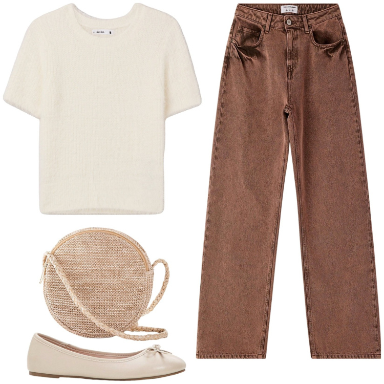 Outfit donna - Easy per l\'università. Stile Casual per Scuola/Università. Abbinamento con borse a tracolla, ballerine, t-shirt, jeans.