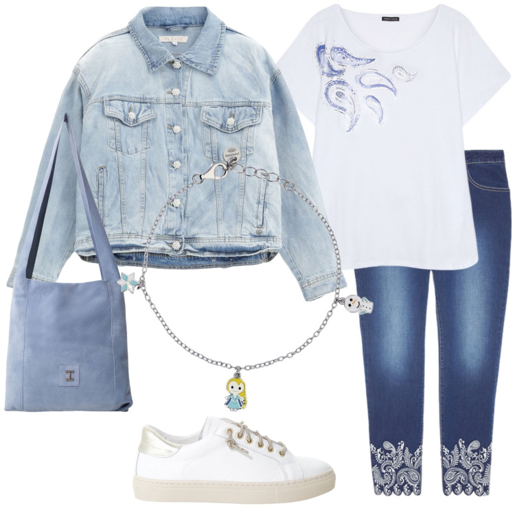 Outfit donna - Total look #2122465. Stile Casual per Tutti i giorni. Abbinamento con braccialetti con ciondoli, blazer, sneakers, borse a tracolla, jeans skinny, t-shirt.