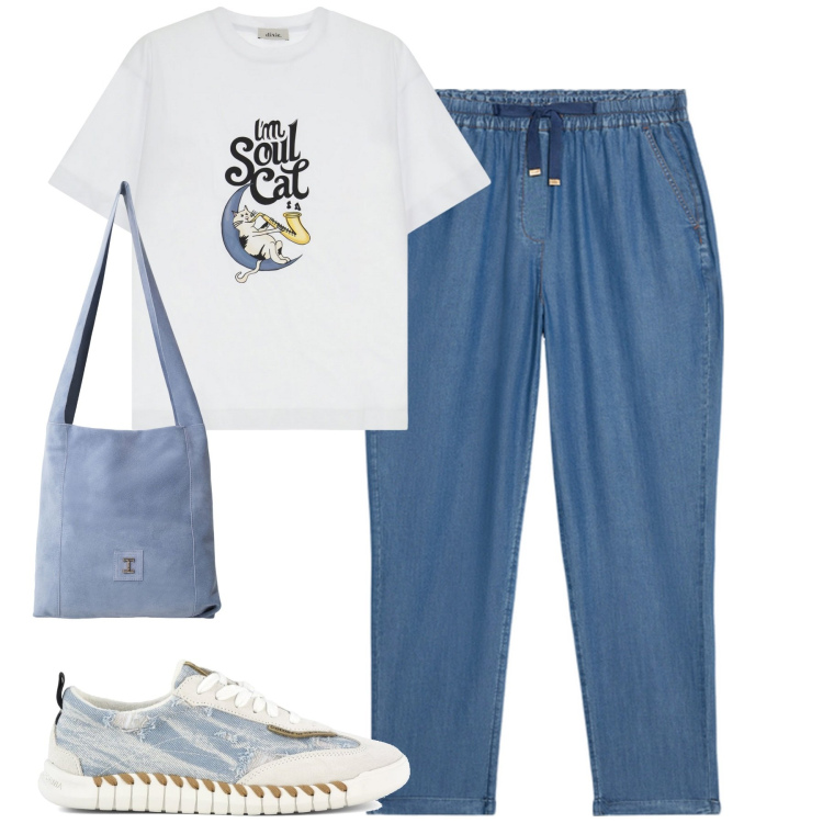 Outfit donna - Comfy con stile. Stile Casual per Tutti i giorni. Abbinamento con borse a tracolla, t-shirt, sneakers, pantaloni.