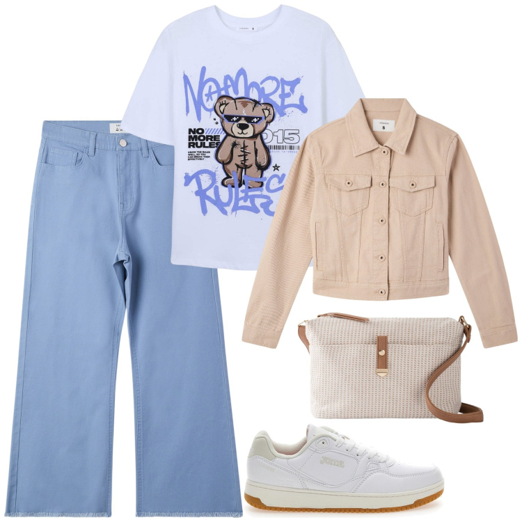 Outfit donna - City. Stile Casual per Tutti i giorni. Abbinamento con borse a tracolla, pantaloni, blazer, t-shirt, sneakers.