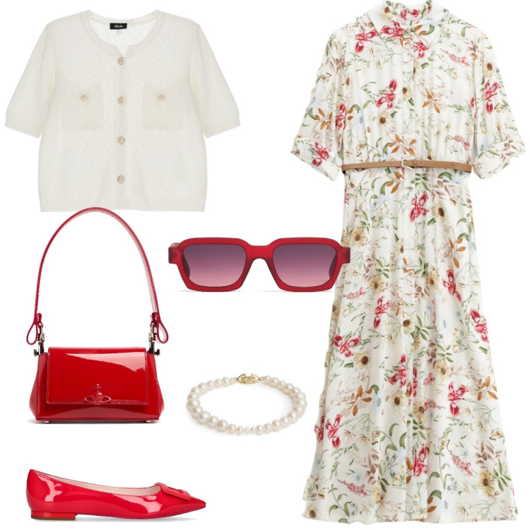 Outfit donna - Romantica primavera. Stile Romantica per Tutti i giorni. Abbinamento con vestiti midi/longuette, cardigans, ballerine, borse a spalla, occhiali da sole, braccialetti.