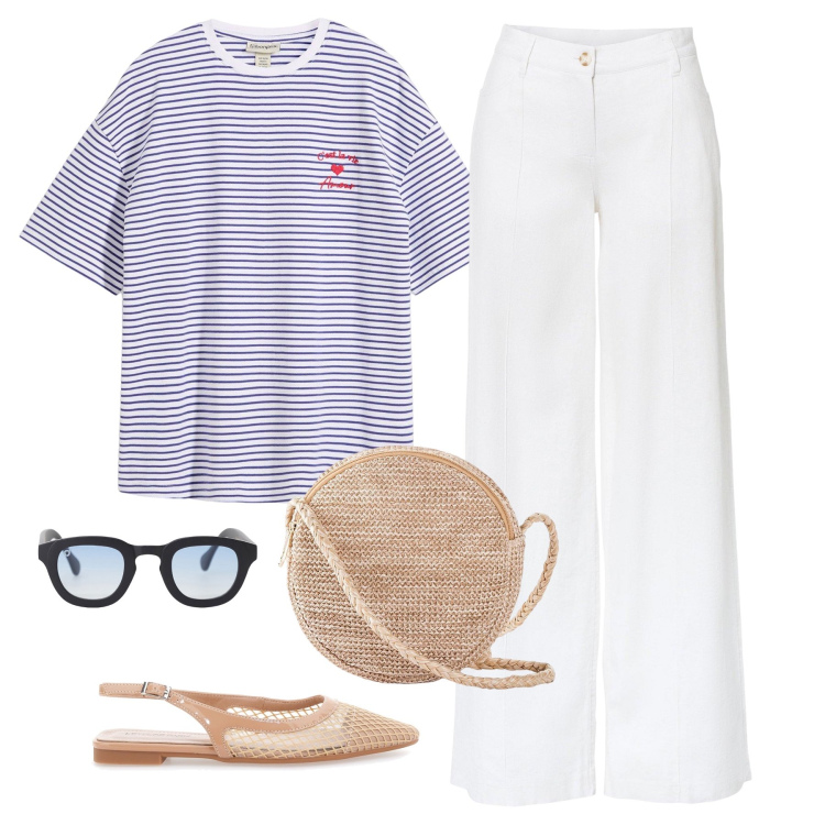 Outfit donna - accessori nude. Stile Basic per Tutti i giorni. Abbinamento con t-shirt, pantaloni a palazzo, borse a tracolla, occhiali da sole, ballerine.