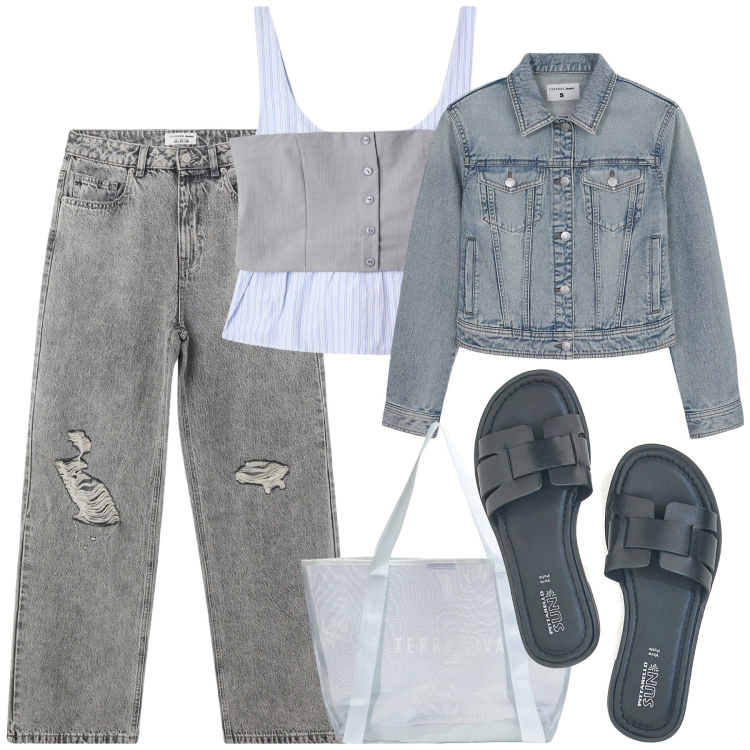 Outfit donna - City. Stile Casual chic per Tutti i giorni. Abbinamento con top, blazer, shopping bag, jeans strappati, ciabatte.