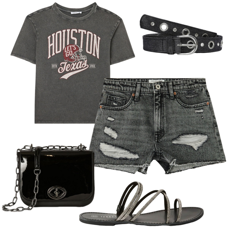 Outfit donna - Grey. Stile Casual per Tutti i giorni. Abbinamento con shorts, t-shirt, sandali, cinture, borse a tracolla.