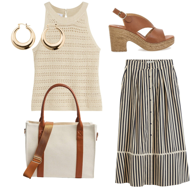 Outfit donna - Total look #2122481. Stile Etnico per Tutti i giorni. Abbinamento con gonne lunghe, orecchini, top, shopping bag, sandali in pelle.