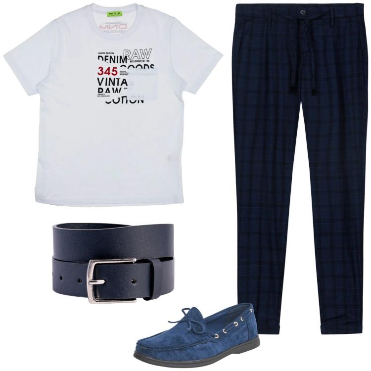 Outfit uomo - Casual per la sera. Stile Casual per Tutti i giorni. Abbinamento con scarpe stringate, t-shirt, pantaloni, cinture.