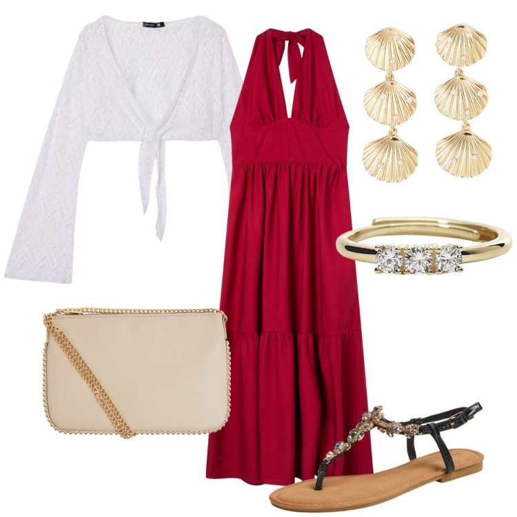 Outfit donna - Lino protagonista dell\' estate. Stile Chic per Serata fuori. Abbinamento con anelli, vestiti lunghi, orecchini, blazer, sandali gioiello, borse a tracolla.