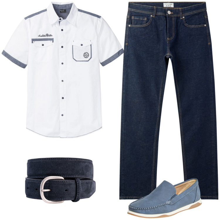 Outfit uomo - Casual. Stile Casual per Ufficio. Abbinamento con camicie a manica corta, scarpe stringate, jeans, cinture.