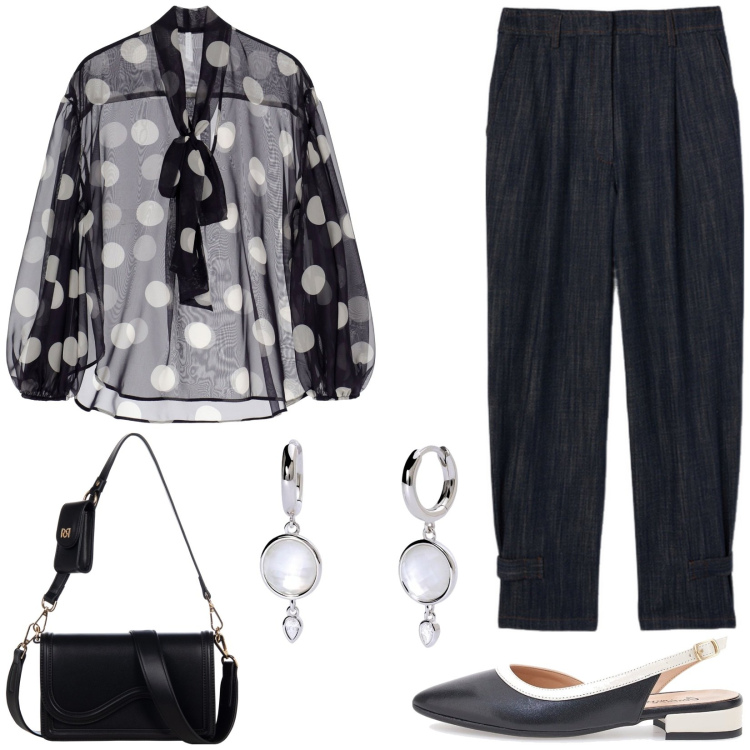 Outfit donna - Blusa a pois. Stile Casual chic per Tutti i giorni. Abbinamento con orecchini, pochette, bluse, ballerine, jeans.