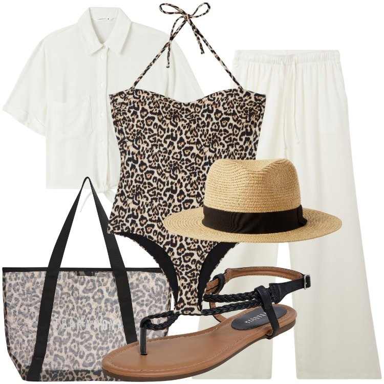 Outfit donna - Bianco e animalier per un\'estate trendy. Stile Trendy per Mare. Abbinamento con costumi interi, ciabatte, pantaloni, shopping bag, cappelli, camicie a manica corta.
