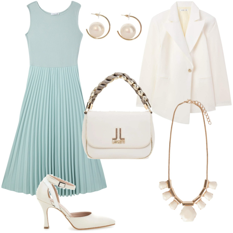 Outfit donna - Tinte pastello: delicatezza primaverile. Stile Bon Ton per Cerimonia. Abbinamento con vestiti lunghi, blazer, orecchini, décolleté, borse a tracolla, collane.