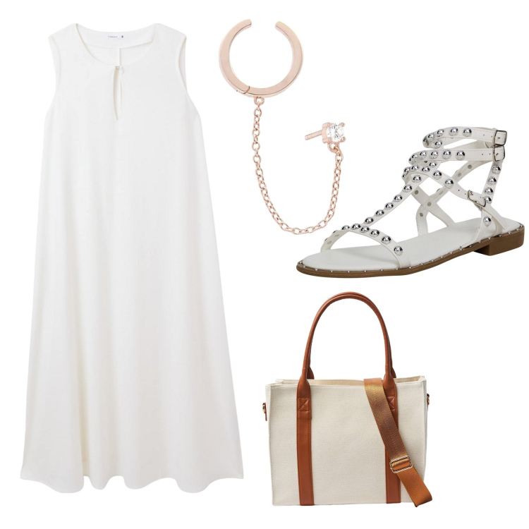 Outfit donna - Total look #2122499. Stile Boho per Tutti i giorni. Abbinamento con vestiti lunghi, shopping bag, sandali, orecchini.