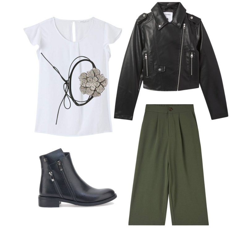 Outfit donna - Comoda con stile. Stile Casual chic per Tutti i giorni. Abbinamento con pantaloni a palazzo, bluse, giacche, collane, stivaletti.