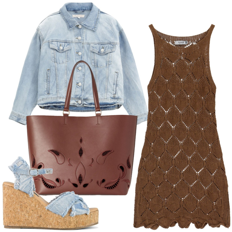 Outfit donna - L\'abito traforato. Stile Glamour per Tutti i giorni. Abbinamento con vestiti corti, blazer, zeppe, shopping bag.