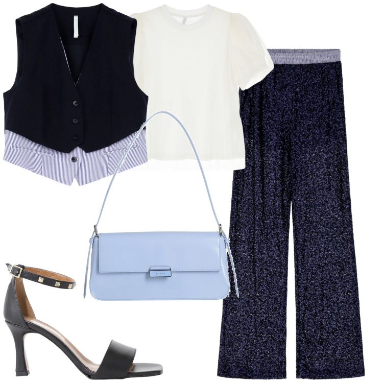 Outfit donna - City. Stile Urban per Tutti i giorni. Abbinamento con borse a spalla, t-shirt, gilet, pantaloni a palazzo, sandali col tacco.