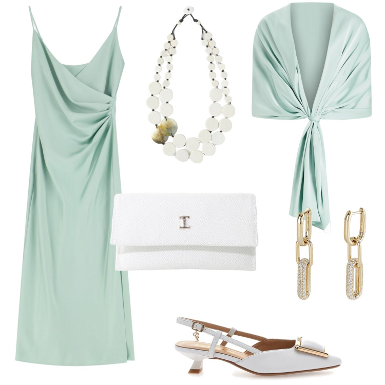 Outfit donna - Tinte pastello: delicatezza primaverile. Stile Chic per Cerimonia. Abbinamento con orecchini, stole, vestiti midi/longuette, borse a tracolla, décolleté, ciondoli.