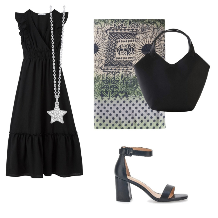 Outfit donna - Una serata estiva. Stile Boho Abbinamento con borse a mano, vestiti lunghi, collane, sandali col tacco, stole.