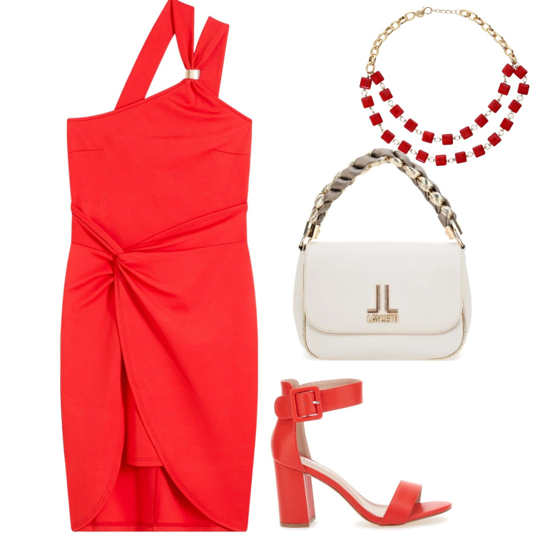 Outfit donna - Red. Stile Minimal per Tutti i giorni. Abbinamento con vestiti, collane, sandali col tacco, borse a tracolla.