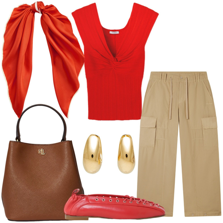 Outfit donna - Cargo passpartout. Stile Minimal per Tutti i giorni. Abbinamento con orecchini, pantaloni cargo, ballerine, borse a secchiello, foulard, t-shirt.