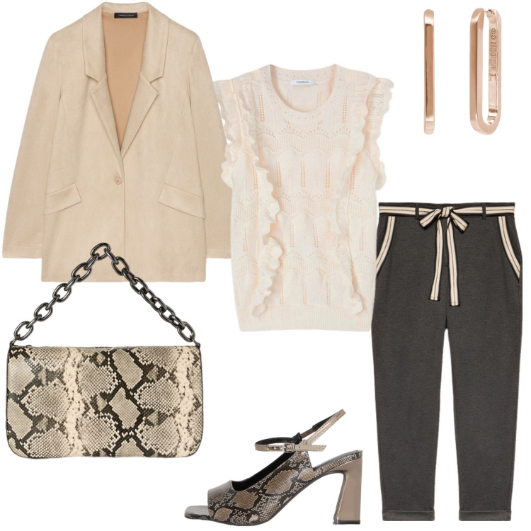 Outfit donna - La comunione a maggio. Stile Casual chic per Cerimonia. Abbinamento con orecchini, pantaloni chino, blazer, top, sandali col tacco, borse a tracolla.