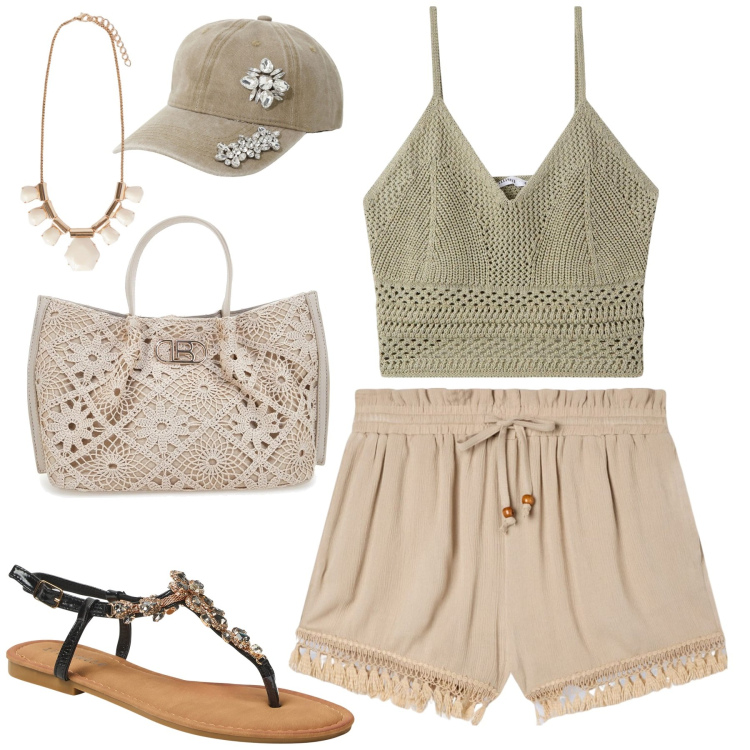 Outfit donna - Summer dreaming. Stile Boho per Tutti i giorni. Abbinamento con top, sandali gioiello, shorts, cappelli, borse a tracolla, collane.