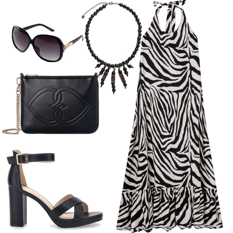 Outfit donna - City. Stile Etnico per Tutti i giorni. Abbinamento con occhiali da sole, vestiti lunghi, sandali col tacco, pochette, collane.