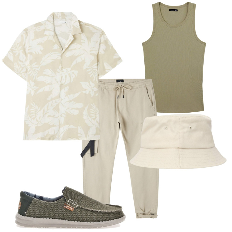 Outfit uomo - Safari in città. Stile Trendy per Tutti i giorni. Abbinamento con camicie a manica corta, pantaloni cargo, cappelli, canottiere, scarpe stringate.