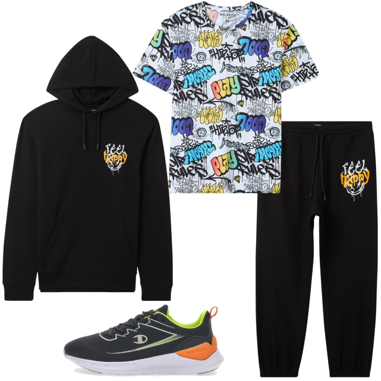 Outfit uomo - Feel Happy con Terranova. Stile Casual per Tutti i giorni. Abbinamento con t-shirt, felpe con cappuccio, pantaloni, sneakers.