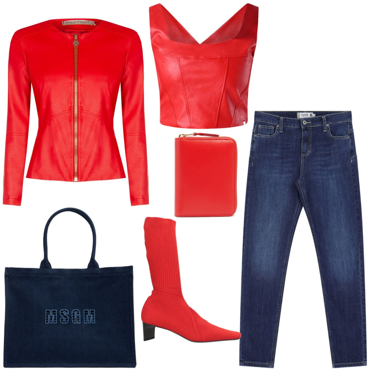 Outfit donna - Rosso passione. Stile Rock per Serata fuori. Abbinamento con stivali, giacche, top, jeans skinny, portafogli, shopping bag.