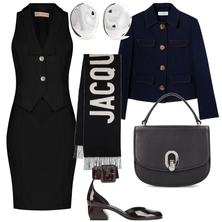 Outfit donna - Bottoni. Stile Urban per Ufficio. Abbinamento con décolleté, vestiti a tubino, sciarpe, orecchini, borse a mano, blazer.