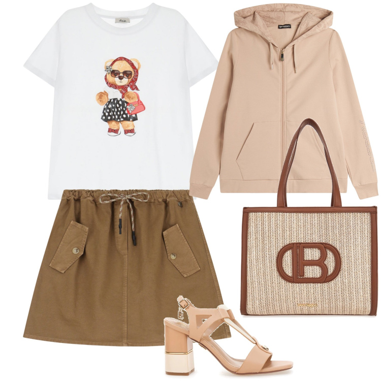 Outfit donna - Total look. Stile Casual chic per Tutti i giorni. Abbinamento con felpe con cappuccio, minigonne, t-shirt, sandali col tacco, borse a spalla.