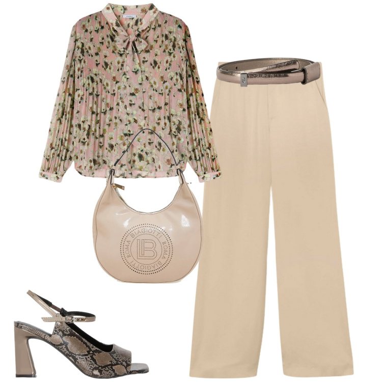 Outfit donna - City. Stile Urban per Tutti i giorni. Abbinamento con borse a spalla, bluse, sandali col tacco, pantaloni a palazzo, cinture.