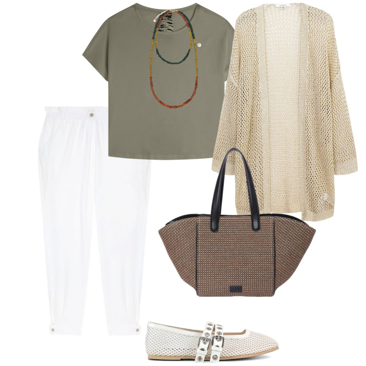 Outfit donna - Comoda tutti i giorni. per Tutti i giorni. Abbinamento con kimono, t-shirt, pantaloni, ballerine, ciondoli, shopping bag.