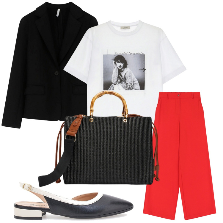 Outfit donna - La borsa di bambù. Stile Minimal per Ufficio. Abbinamento con blazer, pantaloni a palazzo, t-shirt, ballerine, borse a mano.