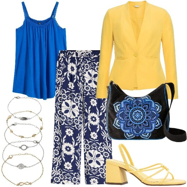 Outfit donna - bonprix HOT SUMMER VIBES. Stile Casual chic per Serata fuori. Abbinamento con pantaloni, top, sandali col tacco, braccialetti con ciondoli, borse a tracolla, blazer.