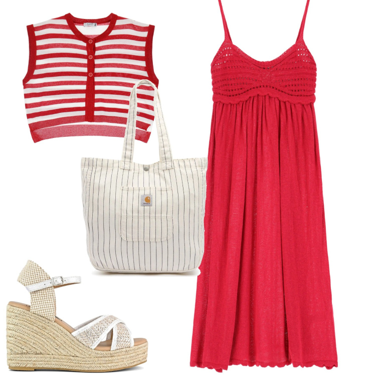 Outfit donna - Weekend. Stile Minimal per Tutti i giorni. Abbinamento con vestiti, gilet, zeppe, borse tote.