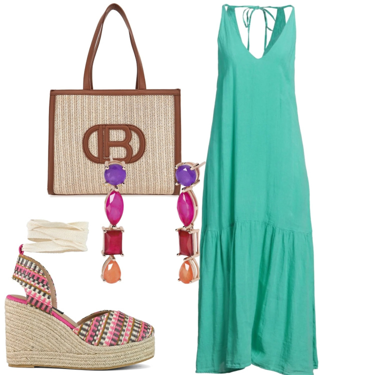 Outfit donna - Green. Stile Urban per Tutti i giorni. Abbinamento con vestiti lunghi, orecchini, borse a spalla, zeppe.