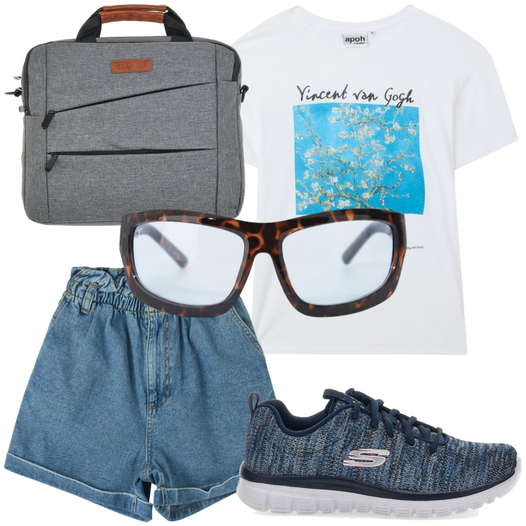 Outfit donna - Mostra d arte. Stile Casual chic per Tutti i giorni. Abbinamento con t-shirt, shorts, occhiali da sole, sneakers, borse a mano.