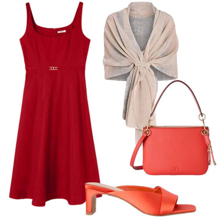 Outfit donna - Rosso di sera. Stile Chic per Serata fuori. Abbinamento con stole, vestiti midi/longuette, borse a tracolla, sabot.